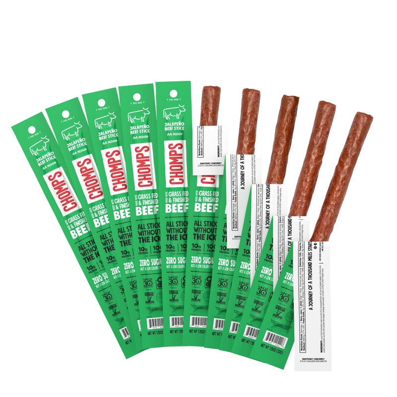 Chomps Grass-Fed and Finished Jalapeño Beef Jerky Snack Sticks 10-Pack - Keto, Paleo, Whole30, 10g Lean Meat Protein, Gluten-Free, Zero Sugar Food, Non-GMO - Image 1